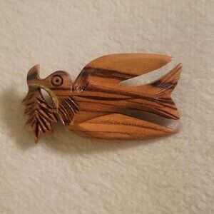 Vintage Hand-Carved Olive Wood Peace Dove Brooch